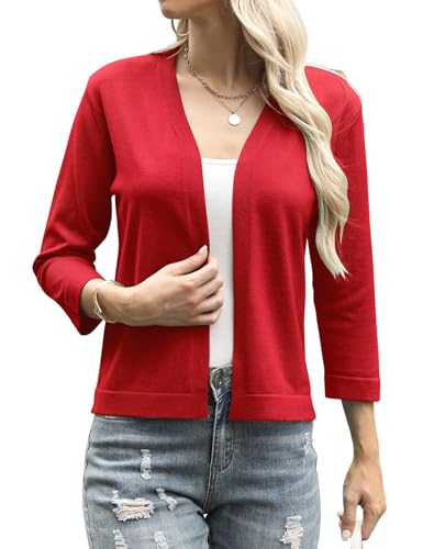Aottori Boléro Femme Chic et Élégant Tricot Gilet Court Cardigan Manches 3/4 Veste Top pour Robe Mariage Bretelle Soirée Fête Décontracté Rouge L