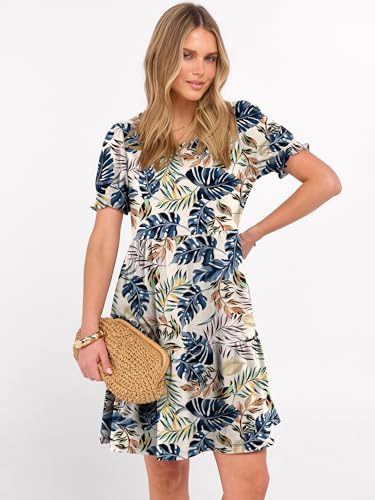 Image of ANRABESS Women Summer Square Neck Puff Short Sleeve Mini Dress 2026 Casual Flowy Sundress Beach Vacation Clothes with Pockets