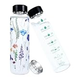 YIMOJOY 1 Liter Trinkflasche Glas mit Zeitmarkierung,BPA-frei,1000ml Glasflasche mit Schutzhülle & Edelstahl Sieb,Trinkflasche Auslaufsicher Wasserflasche Glas für Sport Fitness (Blau Lila)