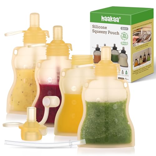 Image of haakaa Silicone Refillable Squeezy Baby Food Yummy Pouch Homemade Organic Food for Babies/Toddlers/Kids, 4 Pack 4 oz, Banana,6 m+