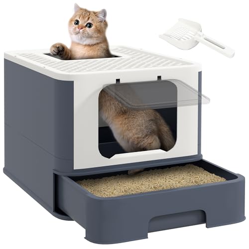 Caja de arena para gatos grande con tapa y pala, blanca miniatura 1
