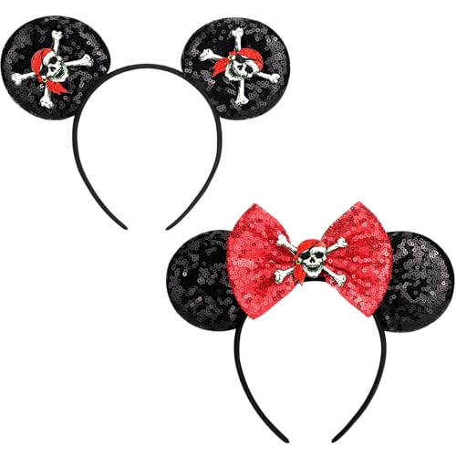 Image of DRESHOW Pirate Themed Mouse Ears Headband with Bow Glitter Party Decoration Halloween Cosplay Costume for Women