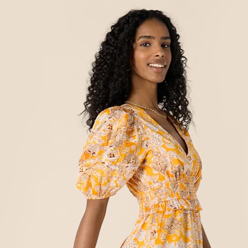 Amazon Essentials Women's Regular-Fit Cotton Sateen Puff Sleeve Midi Dress, V-Neck, Golden Yellow Beige Multi Folk Floral, Small by Amazon Essentials - Image 3