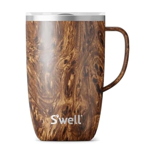 S'well Stainless Steel Mug with Handle, 16oz, Teakwood, Triple Layered Vacuum Insulated Containers Keeps Drinks Cold for 10 Hours and Hot for 3, BPA Free