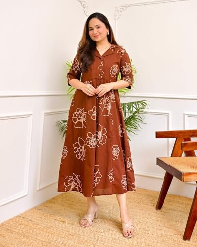 Image of Women's Floral Print Midi Dress, Rayon, A-Line Fit and Flare, Shirt Collar, Half Sleeves, Casual Wear