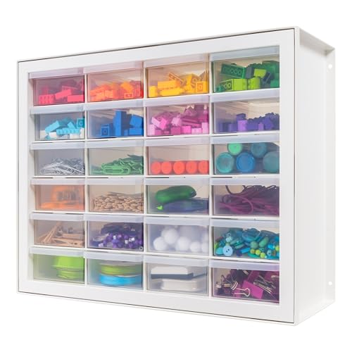 IRIS USA Plastic Storage Drawers, Made in USA, 24-Drawer Small Parts Organizer Cabinet, Stackable Teacher Toolbox for Crafts, Beads, Hardware, Screws, Nuts & Bolts, Scrapbook Supplies – White
