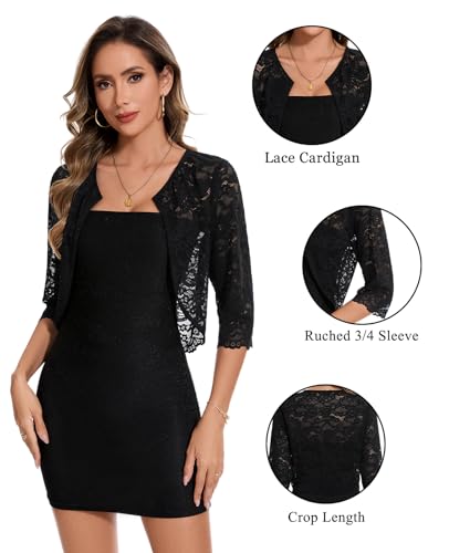 Image of MINTLIMIT Women's Elegant Floral Lace Shrug Bolero Summer Lightweight 3 /4 Sleeve Hook Open Front Cropped Cardigan for Dresses