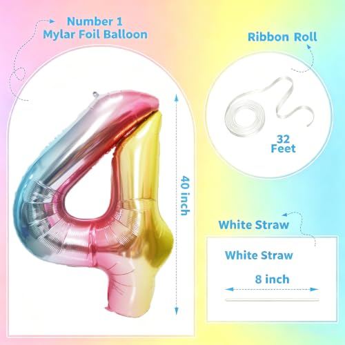 Image of Rainbow Number Balloons Birthday Balloons - Giant Number 4 Balloon 40 inch, Numbers Balloon Birthday Decorations, Rainbow Party Supplies for Baby Shower