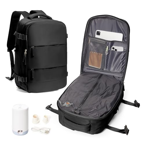 Black Vacuum Travel Backpack for Women Men Seal Compression Air Vacpack with Pump laptop Compression Bags with Shoe Compartment Flight Approved Personal item Travel Bag Carrry on Luggage