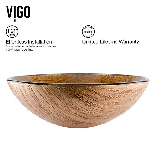 Vigo Vgt391 16.5" L -16.5" W -12.38" H Handmade Countertop Glass Round Vessel Bathroom Sink Set In Wooden Finish With Antique Rubbed Bronze Single-Handle Single Hole Faucet And Pop Up Drain #TOP4