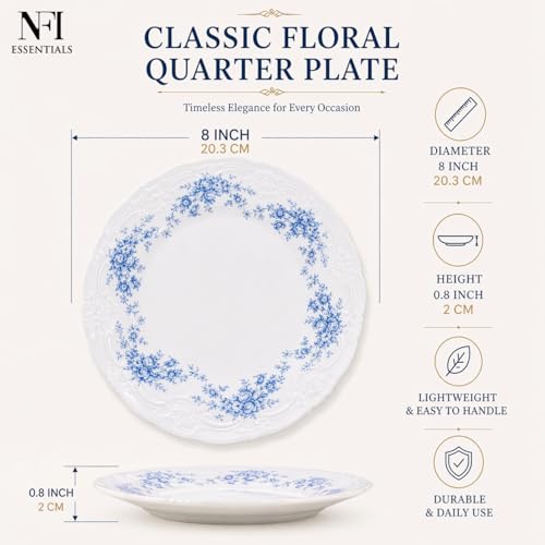 Image of NFI essentials 8 inch Ceramic Quarter Plate with Elegant Blue Floral Design, Premium Serving Plate for Snacks, Desserts, Breakfast & Appetizers, Microwave & Dishwasher Safe