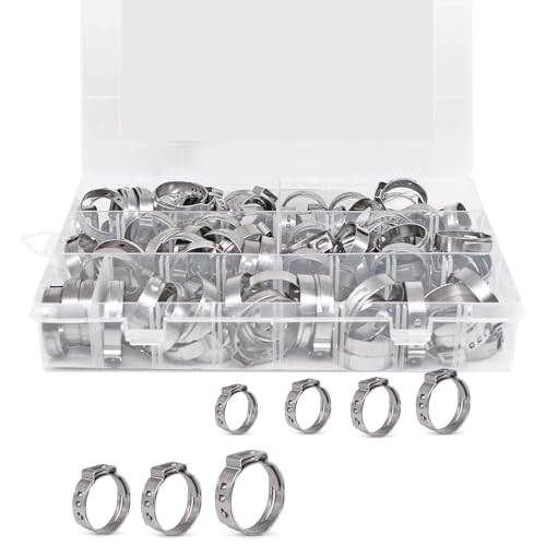 Práctico juego de abrazaderas de manguera de acero inoxidable resistente, 100 piezas de accesorios de tamaño surtido para una conexión segura de tuberías