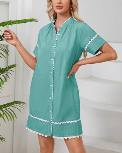 Image of Women's Summer Shirt Dress Short Sleeve Button Down Mini Tie Waist Belted Tunic with Pockets RIC Rac Trim