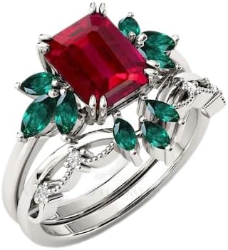 Generic Emerald Cut Ruby Engagement Ring Set For Women Ruby Wedding Ring Set Antique Ruby Bridal Promise Ring Set, red