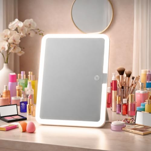 Image of HIMART Rechargeable Travel Makeup Vanity Mirror with LED Lights | Portable Lighted Cosmetic Mirror, 3 Color Lighting, Dimmable Touch Screen, USB Powered Beauty Mirror