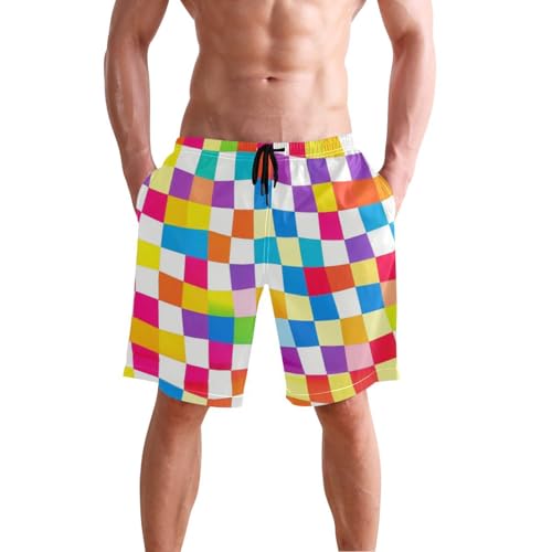 Rainbow Checkered Plaid Mens Shorts 2 Layer Stretch Beach Shorts Quick 8”/ 9” Long XL Plus Size Swimming2