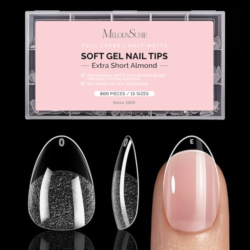Image of MelodySusie Extra Short Almond X Nail Tips - 600Pcs 15 Sizes Clear Acrylic, Half Matte Full Cover Press on Nails for DIY Extension & Salon Use, Pre-Shaped for Long-Lasting Manicure
