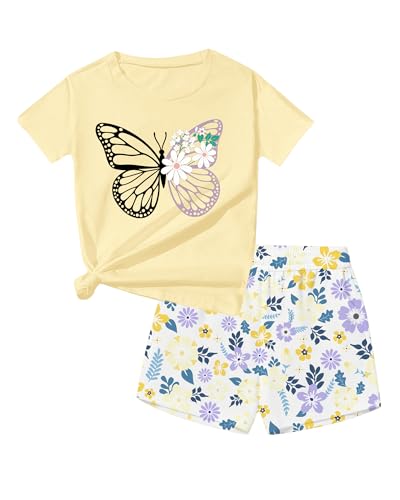 Image of Bestuline Girls Summer 2 Piece Outfits,Basic Short Sleeve Top & Shorts Set with Side Pockets,4-14Y