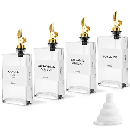 Skleptix 4pack Glass Oil Dispenser,Kitchen Olive Oil Bottle with Plum-Shaped Auto-Open Pourer,Oil and Vinegar Dispenser Set with Silicone Funnel&40 Waterproof Labels(Transparent,350ml/11.8 oz)