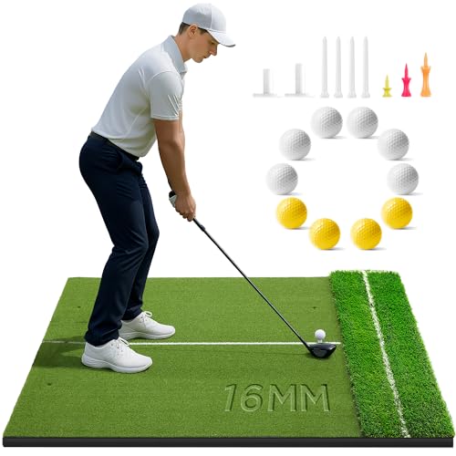 Golfguru Golf Mat 5x4ft-16mm Thickened Dual Turf Golf Hitting Mat with Alignment Aid, Dense Elite Mats Practice Outdoor Indoor, Chipping Training Matt for Backyard Garage Driving Simulators