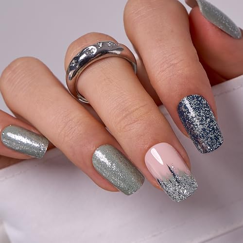 CurvLife Medium Square Press On Nails, Cement Edge Blue, Soft Gel