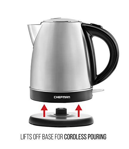 Chefman Stainless Steel Electric Kettle Quickly Heats Water, Separates From Base For Cordless Pouring, Auto Shut Off Boil Dry Protection, Bpa-Free Interior & Cool-Touch Handle, 1.7 Liter/1.8 Quart #TOP2