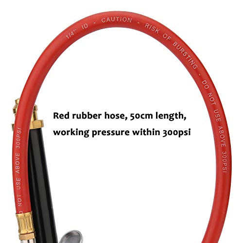 Measureman Heavy Duty Bayonet Style Tire Inflator, Aluminum Body, 20" Red Hose, Clip On Air Chuck, Aluminum Slide, Range 10-130Psi/Kpa #TOP3