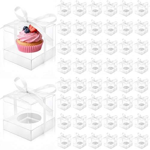 50 Pcs Clear Cupcake Box Individual, 3.5 Inch Plastic Single Cupcake Container, Cupcake Storage Holder Carrier with Ribbons Inserts, Ornament Candy Gift Box for Mother's Day Party Wedding Baby Shower by Cididu - Used condition - US$19.72
