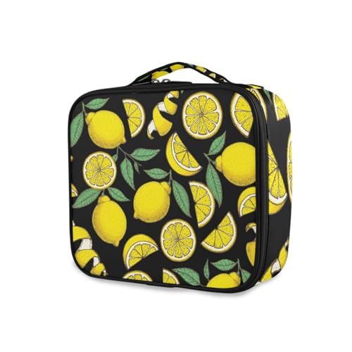 OTVEE Makeup Bag Lemon Citrus Travel Cosmetic Bag Large Train Case with Adjustable Dividers