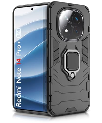 Image of WOW IMAGINE Shock Proof Back Case Mobile Cover for Redmi Note 14 Pro Plus 5G | Back Cover Case (Tough Armor | Hybrid PC + TPU | Ring Holder & in-Built Kickstand | Black)