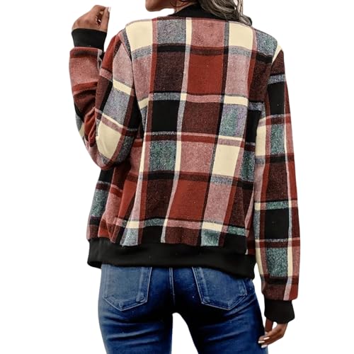 Women Casual Jacket Zip Up Flannel Plaid Shackets Jackets Textured Stand Collar Lightweight Bomber Coats Fall Outwear2