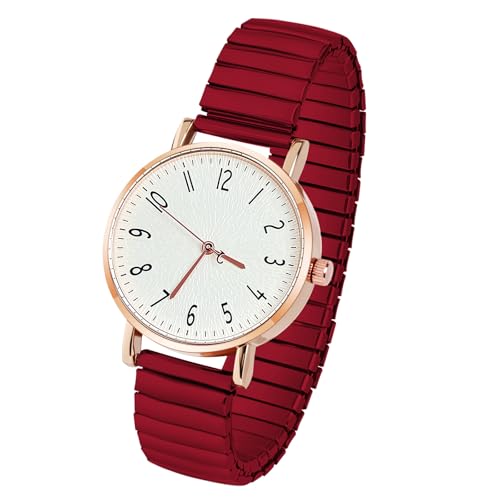 AOOSU Damenuhr, Damen Analog Quarz Uhr mit Elastisch Metall Armband, Große Ziffern Uhren Damen Einfache Armbanduhr Lässig Quarzuhr Kleideruhr Klare Lesbare - Rot