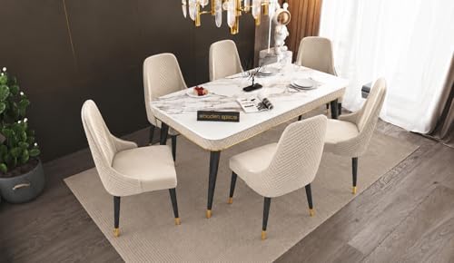 Image of WOODEN SPACE 6-Seater Wooden Dining Table Set | Nano Composite Marble Top | Solid Wood Base | Modern Dining Room Furniture with 6 Chairs (Beige Modern Vento)