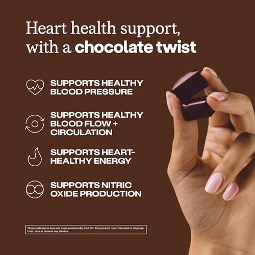 Image of HumanN SuperBeets Heart Chews, Nitric Oxide and Blood Pressure Support, Grape Seed Extract & Non-GMO Beet Root Powder Energy Supplement, Chocolate Flavor, 60 Count