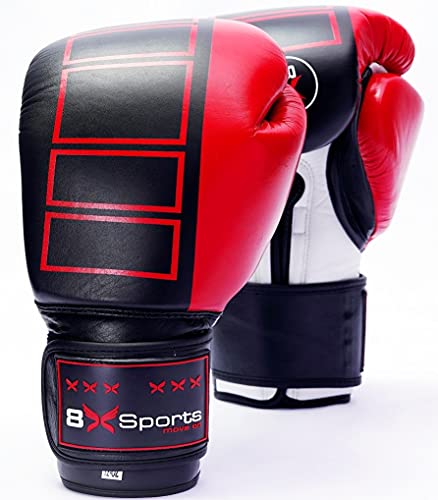 8XSports Boxhandschuhe, Trainingshandschuhe, hochwertiges Leder, Trainings-Boxhandschuhe, Kickboxen, Sparring-Kämpfe - 3 Farben - 473 g (rot, schwarz und weiß, 453 g) Cover