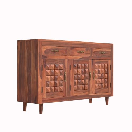 Image of Solid Sheesham Wood Sideboard Cabinet Storage with 3 Door & 3 Drawer Wooden Storage Organizer Cabinet for Home Kitchen Living Room Bedroom Hallway Dinning | Natural Honey Finish | Pre-Assembled