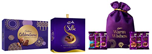 Image of Cadbury Silk Potli Valentines Pack, 343g & Celebrations Chocolate Gift Pack - Assorted, Premium, 281 g & WOW Life Science Apple Cider Vinegar Capsules, 60 Capsules