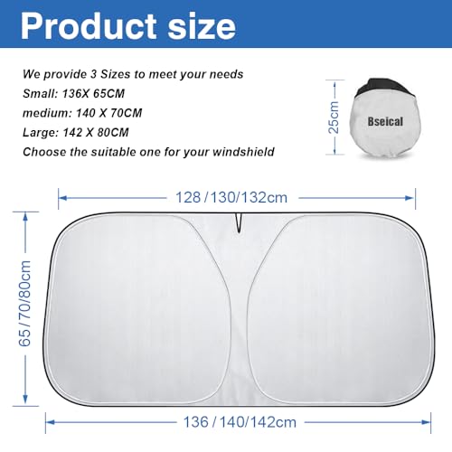 Sonnenschutz Auto Frontscheibe 142×80cm, Auto Sonnenschutz Frontscheibe Innen, Frontscheibenabdeckung, Sonnenblende Vorne, Windschutzscheibe für Sommer Selbsthaftend UV Hitzeschutz Plane Faltbar (L)