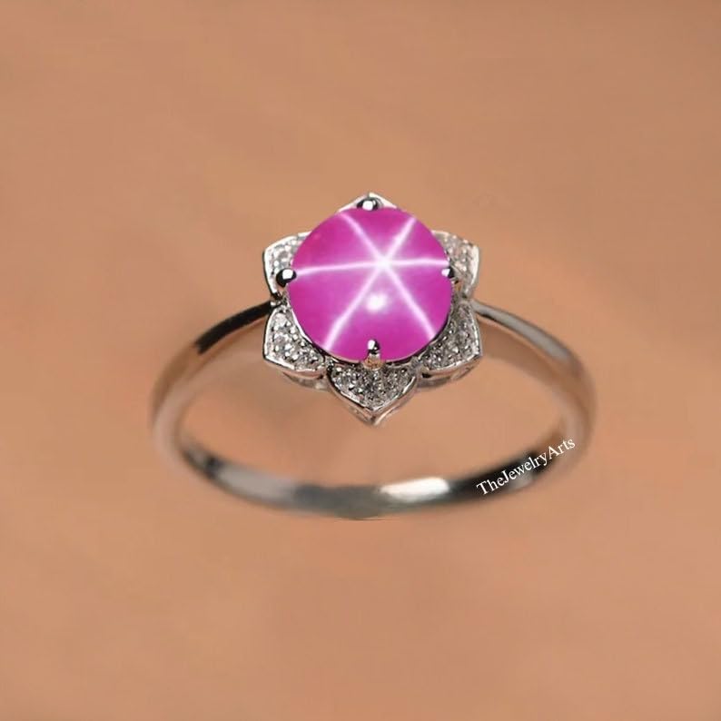 Elegant 925 Sterling Silver Six-Ray Star Pink Ruby Round Cut Gemstone Ring Handmade Jewelry Gift for Women Ideal for Birthdays, Anniversaries, or Special Occasions