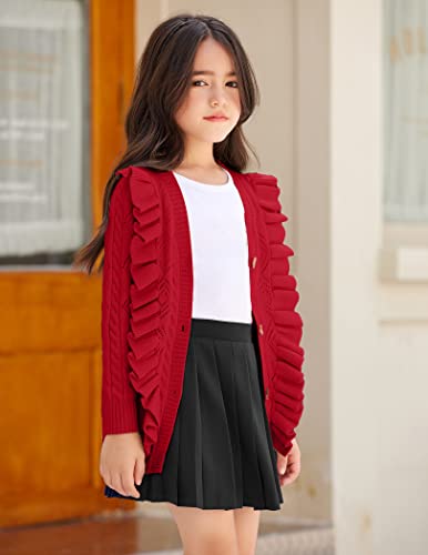 Image of Arshiner Girls Cardigan Sweaters Ruffle School Uniform Sweater V Neck Button Front Outerwear 4-13 Years