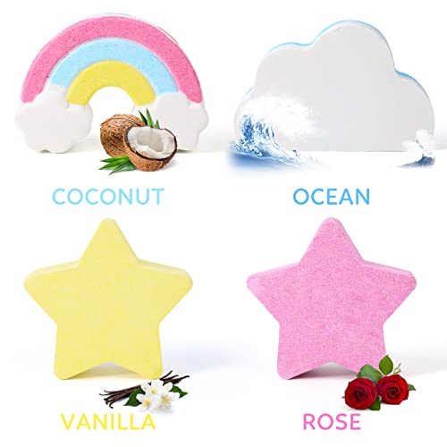 Rainbow Bath Bombs For Kids, Handmade Essential Oil Bath Bombs For Kids Women, Bubble Bathbombs Set Of 4 Large Cloud & Star, Kids Bath Bombs Kit Valentines Day Gifts Birthday Gifts For Girls Boys #TOP1