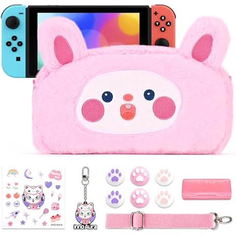 Switch Case for NS Switch, innoAura 11 in 1 Switch Accessories Bundles with Switch Carrying Case, Switch Game Case, Switch Thumb Caps, Detachable Shoulder Strap, Cute Pendent (Pink Rabbit) Cover