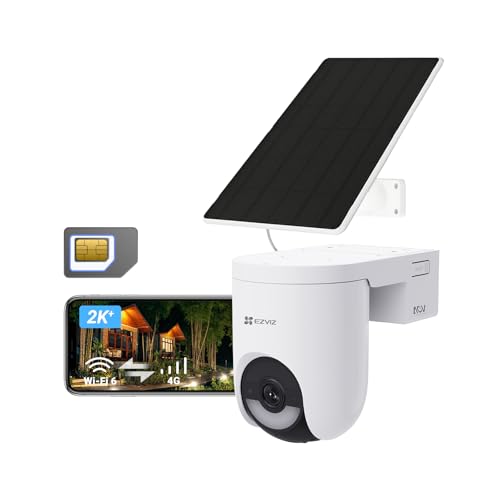 EZVIZ HB8 Lite 4G Telecamera Wi-Fi Esterno Senza Fili con Pannello Solare, Risoluzione 2K+, Scheda SIM Inclusa, Connettività 4G LTE & Wi-Fi 6, Modalità AOV, Rilevamento Umano/Veicoli, PTZ 360°
