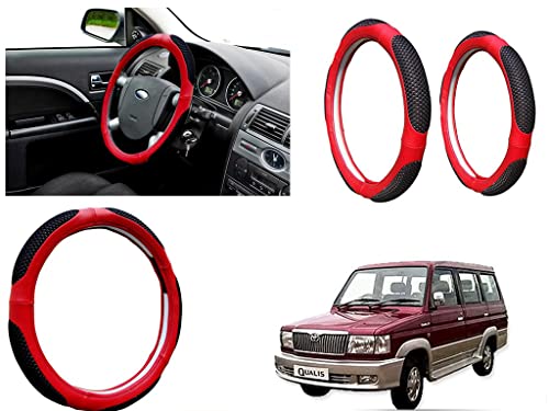 Image of Microfiber Car Steering Wheel Cover, Soft Padding Great Hand Feel, Anti-Slip, Faux Leather Steering Cover for Toyota Qualis | Black Red Jali - Pack of 1