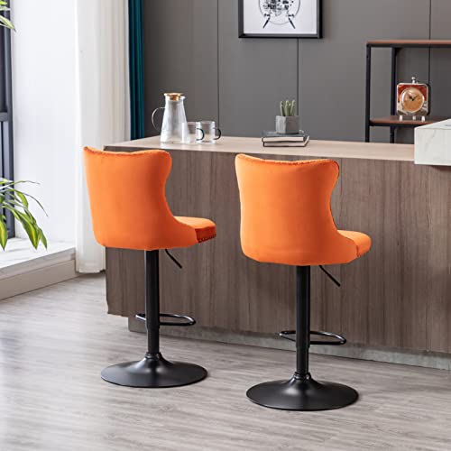 Butacos Giratorios Ajustables de Terciopelo Merax, Altura del Asiento Ajustable de 25 a 33 Pulgadas, Base de 17,7 Pulgadas, Modernos con Respaldo y Acabado Tufted para Pub en Casa e Isla de Cocina, Juego de 2, Color Naranja miniatura 3