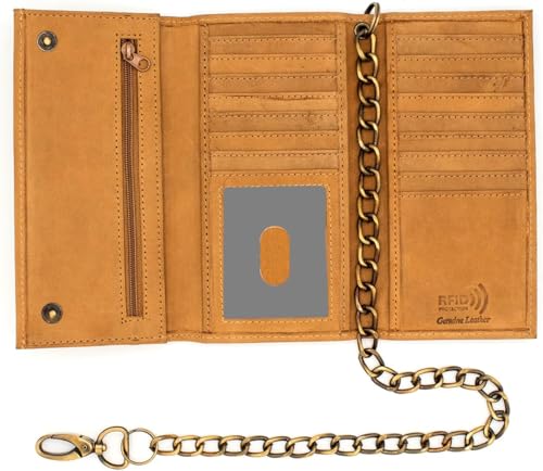 Long Trifold Chain Wallet for Men leather Checkbook Cover, RFID Blocking chain wallet Card Slots, Zipper Coin Pocket - Biker Stainless Chain Design in the U.S.A - Side Slip Bill Slot J212B Tan