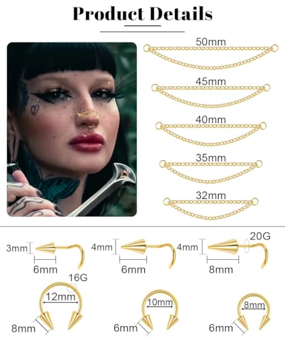 REVOLIA Surgical Steel Nose Chain Piercing Across Nose for Women Men Long Spike Nose Ring Stud Double Nose Piercing Spike Septum Rings Nostril Piercing Jewelry S-G
