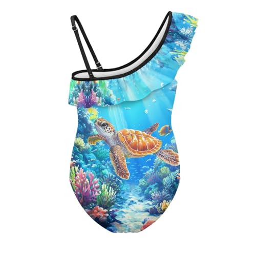 Girls One Piece Swimsuit One Shoulder Ruffle Cute Swimwear for Girls Hawaii Beach Bathing Suit,5-14t2