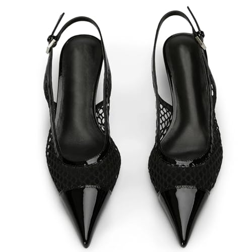 olomisa Mesh Slingback Pumps for Women,Kitten Heels with Pointed Toe Low Heel Sandals Ankle Strap Heels Slip-On Pumps2