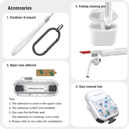 Image of WENEW Case for AirPods 1 & 2 Case Cover Secure Lock Automatic Snap Switch Clip Cleaner Kit Lanyard Women Stylish Flower Armour Hard Shell Full Body (Blue, AirPods 1st & 2nd)